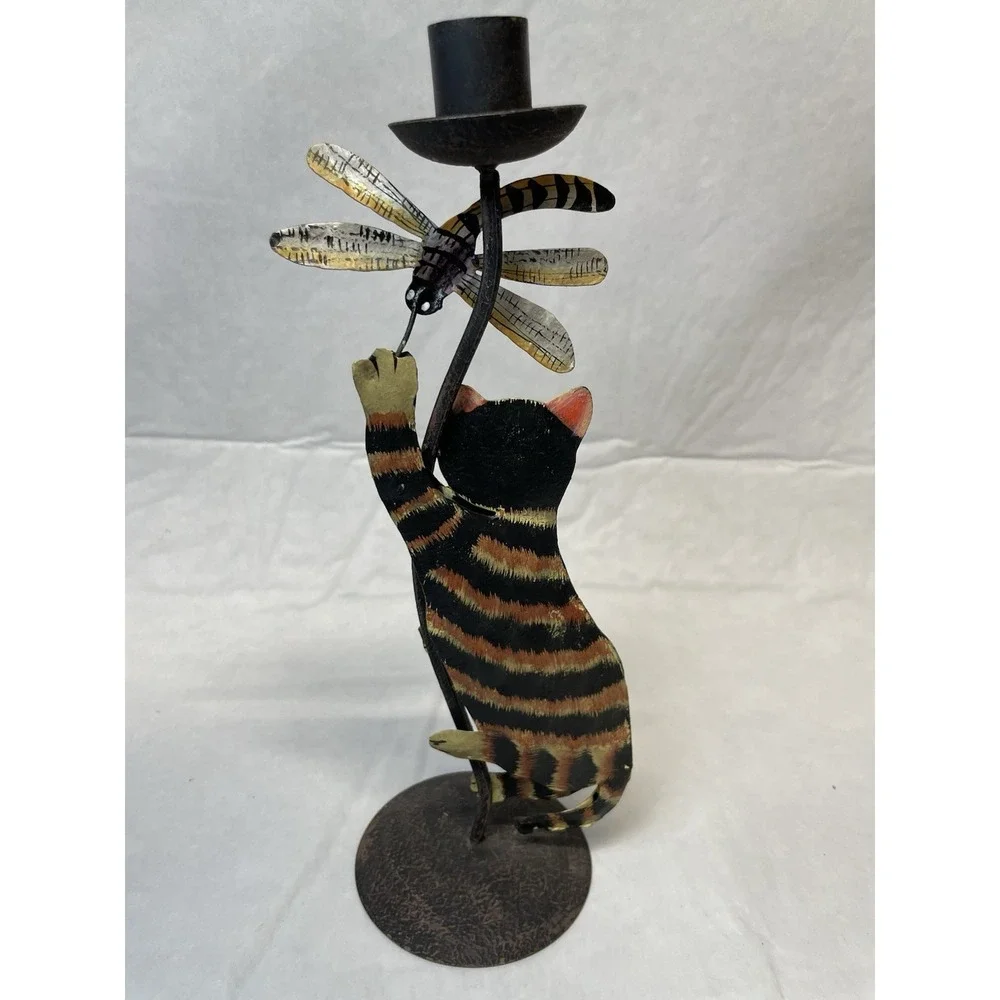 VTG Hand painted Metal 3-D Tabby Cat Dragonfly Candelabra 12